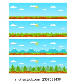 Eine Reihe von pixeligen, nahtlosen Landschaftshintergrund mit Himmel, Wolken, Sonne, Bergen, Bäumen, Sträuchern, Felsen, Schnee, Erde, um verschiedene Szenen und Ebenen in 8-Bit-Spielen zu schaffen. Pixel-Kunstspiel-Hintergrund.