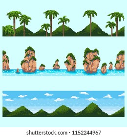 Set of pixelated seamless landscapes: ocean and rocks, hills against the sky, palm trees. To create different landscapes in games and mobile applications.