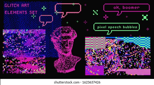 Set of pixelated speech bubbles like in 8-bit arcade game and glitch art elements. Retrowave and vaporwave style design elements.