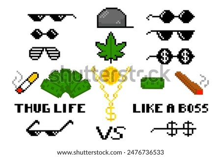 Set of pixelated thug attributes. Boss pixel attributes, hip hop rapper sunglasses, gangster gold chain, cigarette and black cap.