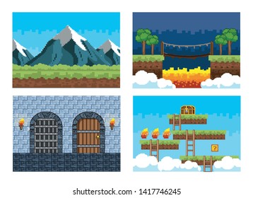set of pixelated videogame graphic digital scene