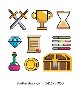 set of pixelated videogame scene and digital console