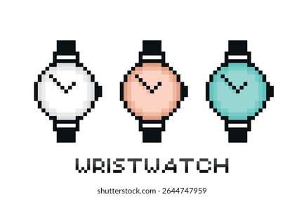Set of pixelated wristwatches isolated on white background.