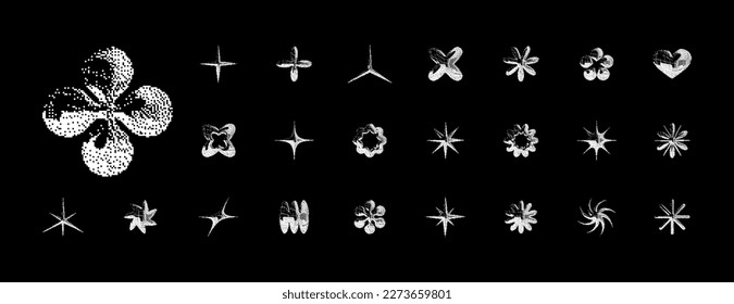 Set of pixelated y2k style design elements, including stars and flowers. Trendy collection of vector figures with different abstract shape