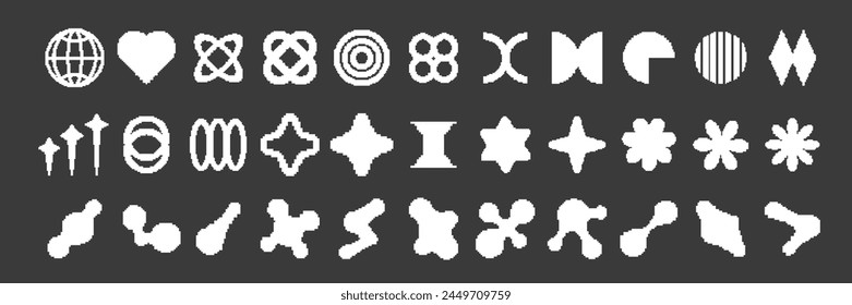 Set of pixelated y2k style shapes. Pixel art abstract figures collection. Retro futuristic elements in 8 bit style