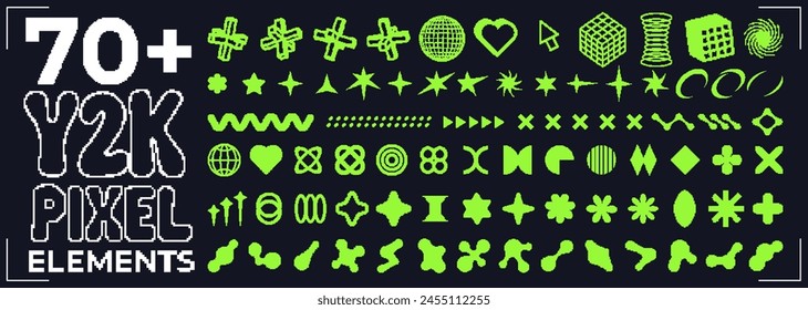 Set of pixelated y2k style shapes with heart, globe. Pixel art abstract figures collection. Retro futuristic elements in 8 bit style