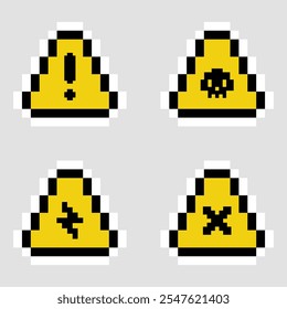 A set of pixelated yellow triangle warning icons with symbols for danger, toxic, electrical hazard, and error, perfect for retro-style designs and projects.