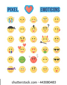 Set of pixeled emoticons for mood explanation. Vector illustration. Pixel art. 