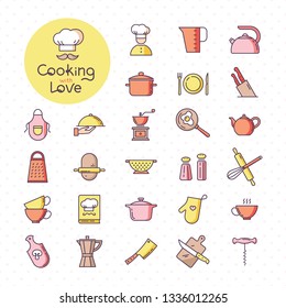 Set of pixel-perfect colorful kitchen icons, isolated on the white background. With lettering of cooking with love. Well tracked items of kitchen appliances.