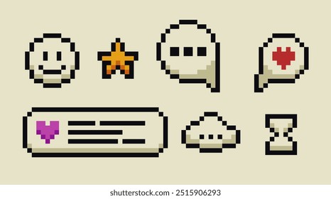 A set of pixels elements. Y2k trendy stickers. Mood of 90's aesthetics. 8-bit retro style vector illustration. Neon background. Trendy geometric brutalism UI.