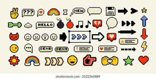 A set of pixels elements. Y2k trendy stickers. Mood of 90's aesthetics. 8-bit retro style vector illustration. Neon background. Trendy geometric brutalism UI.