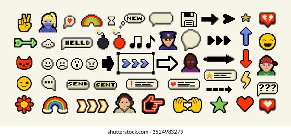 A set of pixels elements. Y2k trendy stickers. Mood of 90's aesthetics. 8-bit retro style vector illustration. Neon background. Trendy geometric brutalism UI.