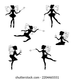 Set of pixie silhouettes. Illustrations of winged fairies in the cartoon style isolated on a white background. Vector 10 EPS.