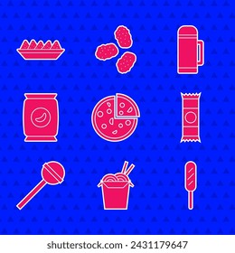 Set Pizza, Asian noodles and chopsticks, Corn dog, Chocolate bar, Lollipop, Bag packet potato chips, Thermos container and Nachos plate icon. Vector