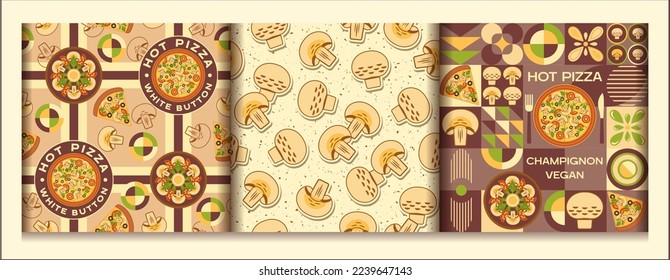 Set of pizza backgrounds with design elements in simple geometric style. Seamless patterns. Good for branding, decoration of food package, cover design, decorative print, background.