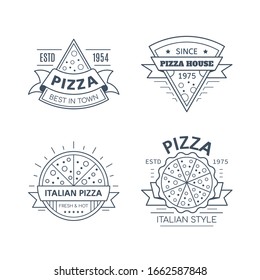 Set of Pizza badge design isolated on white background. Black and white line art illustration. Italian pizzeria emblem design