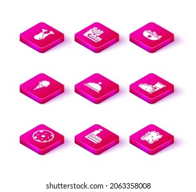 Set Pizza, Bottle of water and burger, Ice cream in waffle cone, Covered with tray food, Sandwich, Paper glass taco tortilla, Nachos plate and Burger french fries carton package box icon. Vector