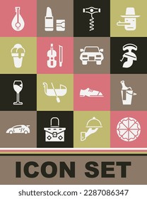 Set Pizza, Bottle of wine in bucket, Roman army helmet, Wine corkscrew, Violin, Ice cream, Mandolin and Car icon. Vector