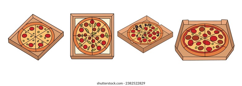 Set of pizza in box colored outline. Hand drawn pizza in doodle style. Hand drawn vector illustration.