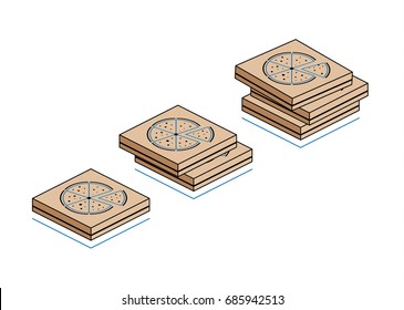Set of pizza boxes isolated on white background