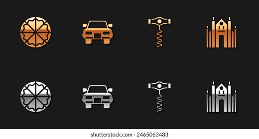 Set Pizza, Car, Wine corkscrew and Milan Cathedral icon. Vector