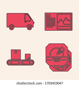 Set Pizza in cardboard box , Delivery cargo truck vehicle , Postcard  and Conveyor belt with cardboard box  icon. Vector