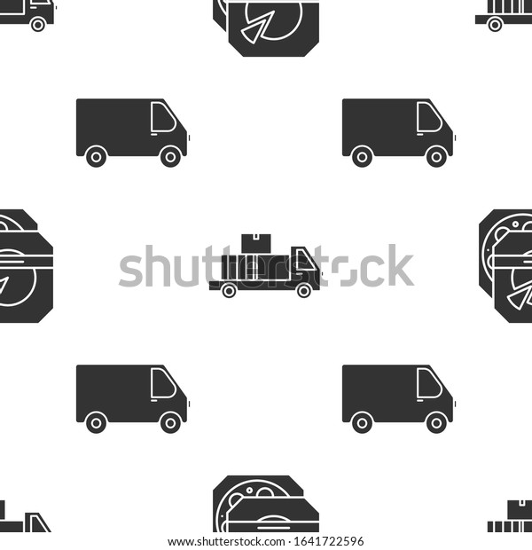 Set Pizza in cardboard box , Delivery truck with\
cardboard boxes and Delivery cargo truck vehicle  on seamless\
pattern. Vector