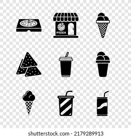 Set Pizza in cardboard box, Pizzeria building facade, Ice cream waffle cone, Glass with water, Soda can drinking straw, Nachos and  icon. Vector