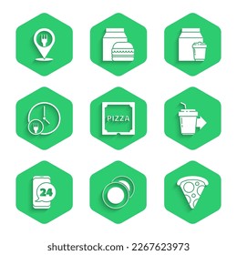 Set Pizza in cardboard box, Plate, Slice of pizza, Coffee cup to go, Food ordering, Round the clock delivery, Online and and Cafe restaurant location icon. Vector