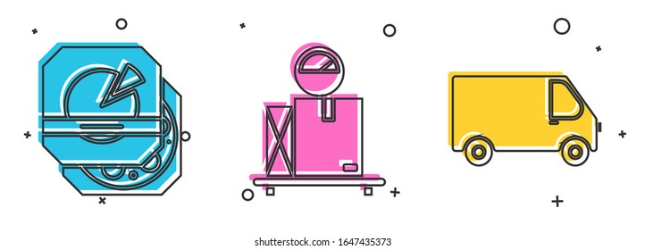 Set Pizza in cardboard box , Scale with cardboard box  and Delivery cargo truck vehicle  icon. Vector