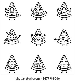 Set of pizza character emoji. Vector illustration.