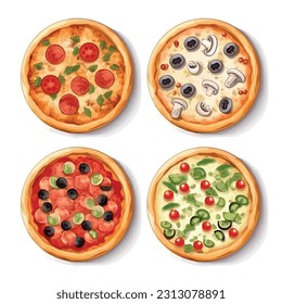 Set of pizza in a charming retro style, iconic appeal of different pizza flavors