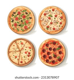 Set of pizza in a charming retro style, iconic appeal of different pizza flavors