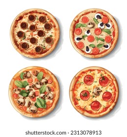 Set of pizza in a charming retro style, iconic appeal of different pizza flavors