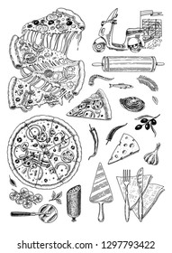 Set of pizza with cheese. Yummy italian vegetarian food with tomatoes, Seafood and olives and eggplant. Ingredients for cooking. Sketch for restaurant menu. Hand drawn template. Vintage style.