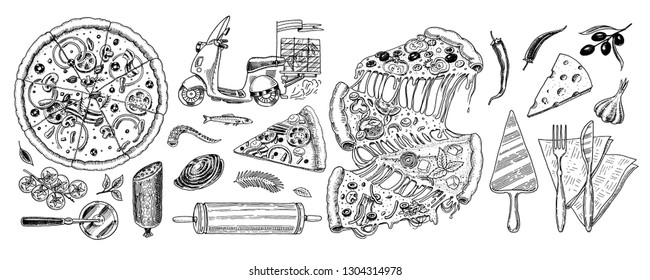 Set of pizza with cheese. Yummy italian vegetarian food with tomatoes, Seafood and olives and eggplant. Ingredients for cooking. Sketch for restaurant menu. Hand drawn template. Vintage style.