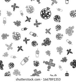 Set Pizza, Crossed bottle of water, Sandwich and Glass of lemonade with drinking straw on seamless pattern. Vector