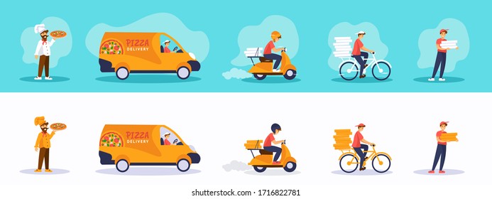 Set of pizza delivery service illustration: chef cook with pizza, delivery van, scooter, bicycle, courier holding boxes. Isolated on a white and bright blue background. Vector cartoon characters.