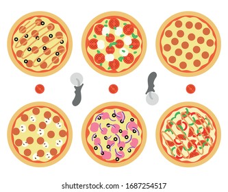 Set of pizza with different delicious filling. Top view on white background