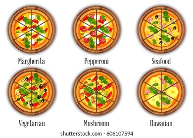 Set of Pizza with Different Ingredients on Wooden Boards. Isolated on White Background. Vector Illustration