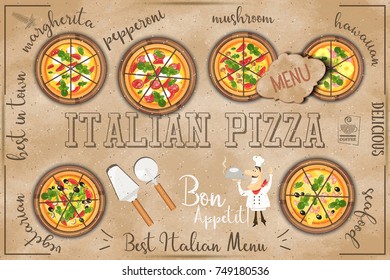 Set of Pizza with Different Ingredients on Wooden Boards. On Kraft Paper Background. Vector Illustration.