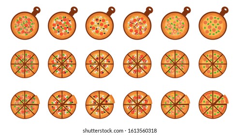 Set of pizza with different ingredients: sausage, mushrooms, pepper, tomato and greens. Round big pizza, slices triangle, italian restaurant menu. Vector illustration  pizza on white background.