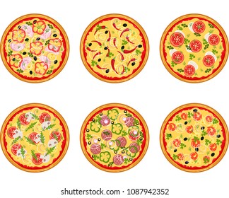 Set of pizza with different ingredients. Vector flat pizza on white background.