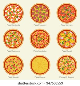 Set of pizza with different ingredients. Vector flat pizza on white background.