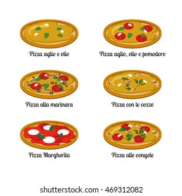 Set of pizza with different ingredients. Vector flat illustration on white background. Sorts of pizza: Oil and garlic, Garlic, olive oil and tomatoes, Marinara, with mussels, Margherita, with clams