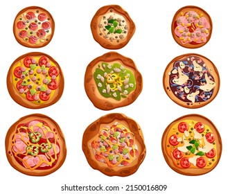 Set of pizza with different toppings on round base. Pepperoni, mushroom, margarita, vegetable, seafood and farm recipes, italian menu elements isolated on white background. Cartoon vector illustration