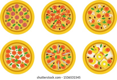 Set of pizza with different toppings. Vector illustration.