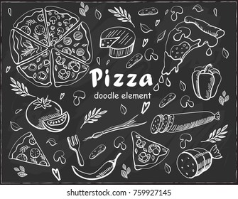 Set Pizza Doodle Element On Chalkboard Background