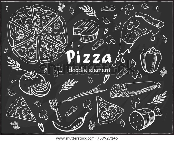 黒板の背景にピザの落書きエレメントを設定 のベクター画像素材 ロイヤリティフリー