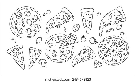 Set of pizza doodle, sliced pizza pieces and ingredients.